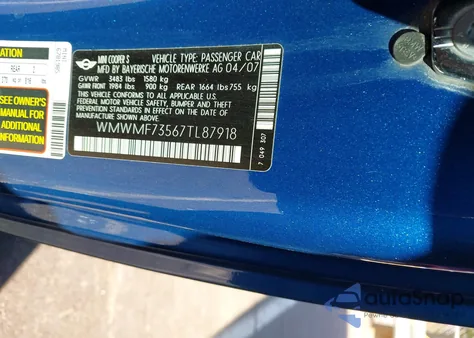 2007 Mini Cooper S z USA, uszkodzony, nr VIN WMWMF73567TL87918